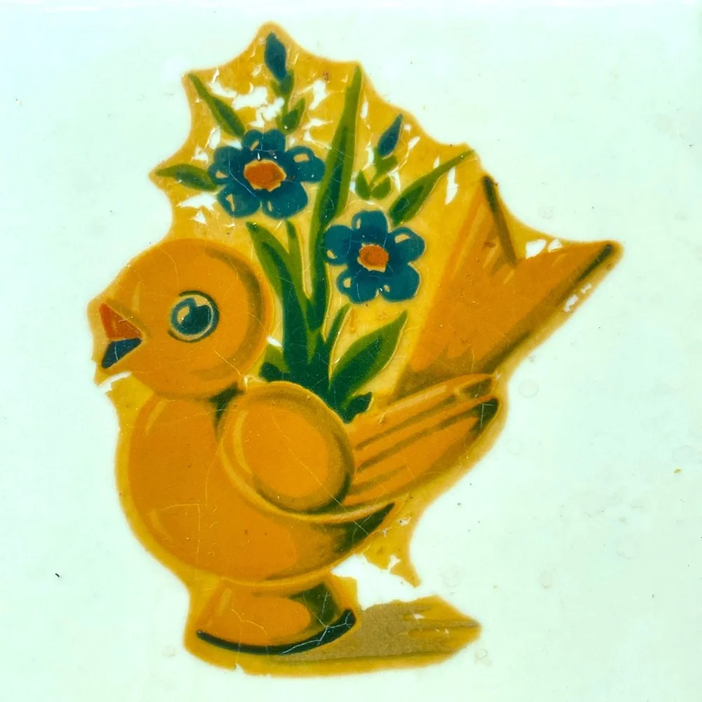 Vintage Yellow and Teal Ceramic Animal Tiles - Donkey and Bird Pair